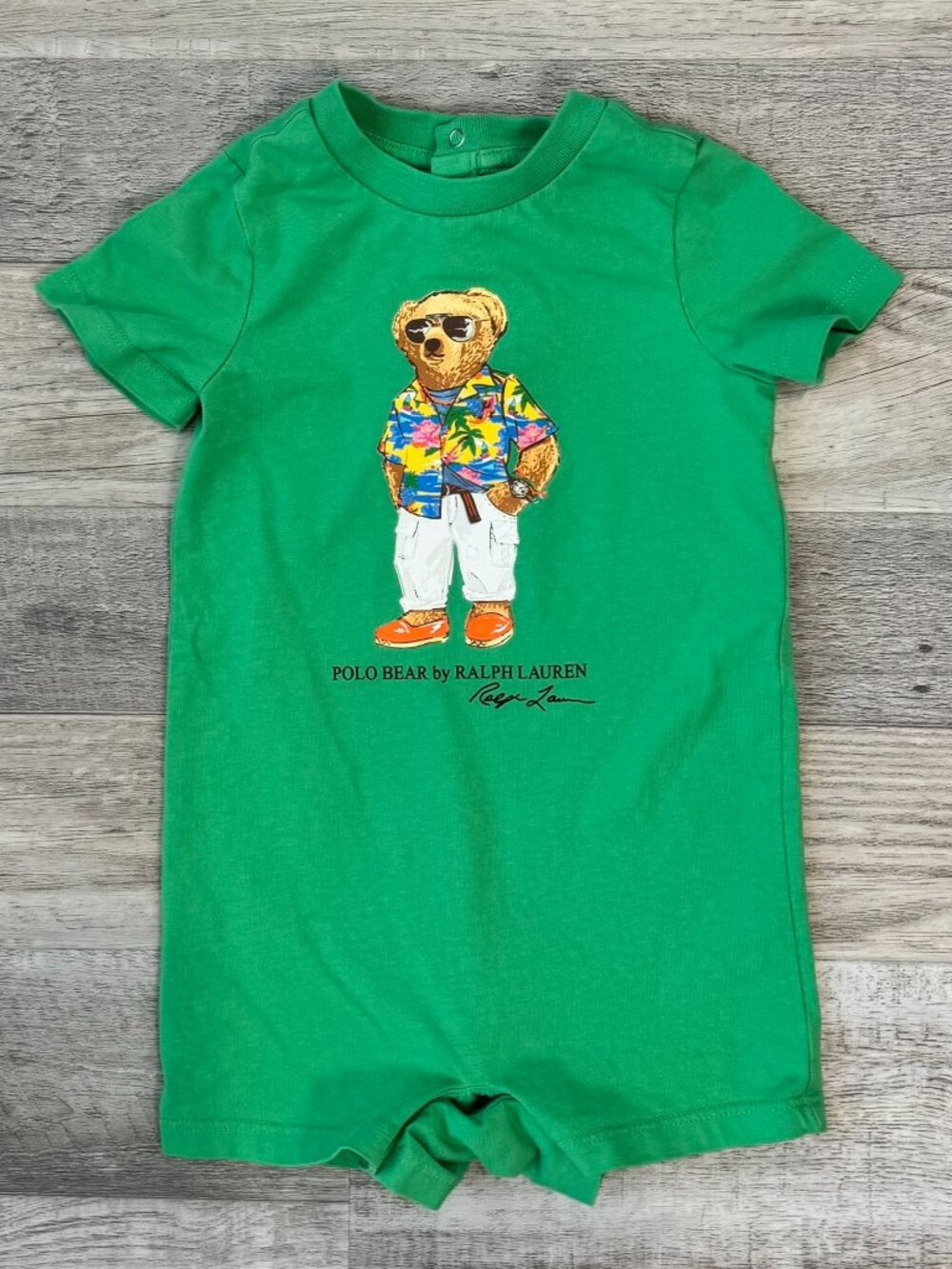 Polo Ralph Lauren Bear Graphic Green Baby Romper Size 9 Months J32